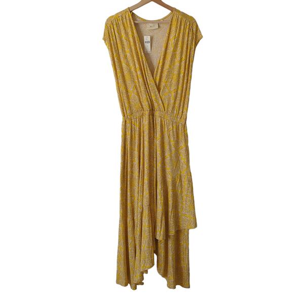 NWT Maeve Anthropologie Fete Midi Medium Dress Yellow Motif Faux Wrap Surplice - Picture 2 of 7